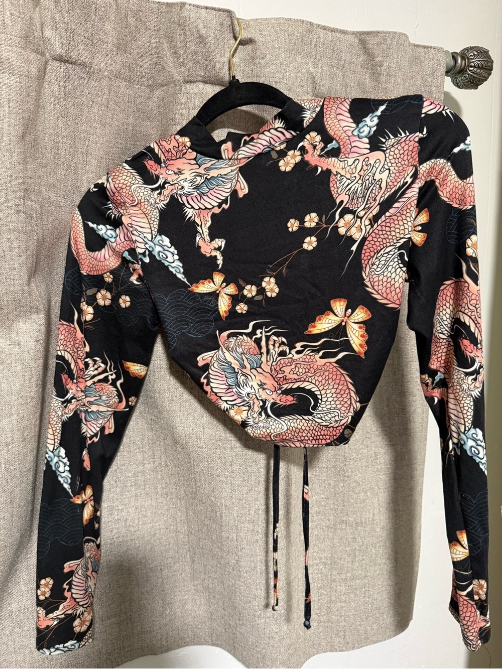 Womens Black Dragon Print Drawstring Crop Top